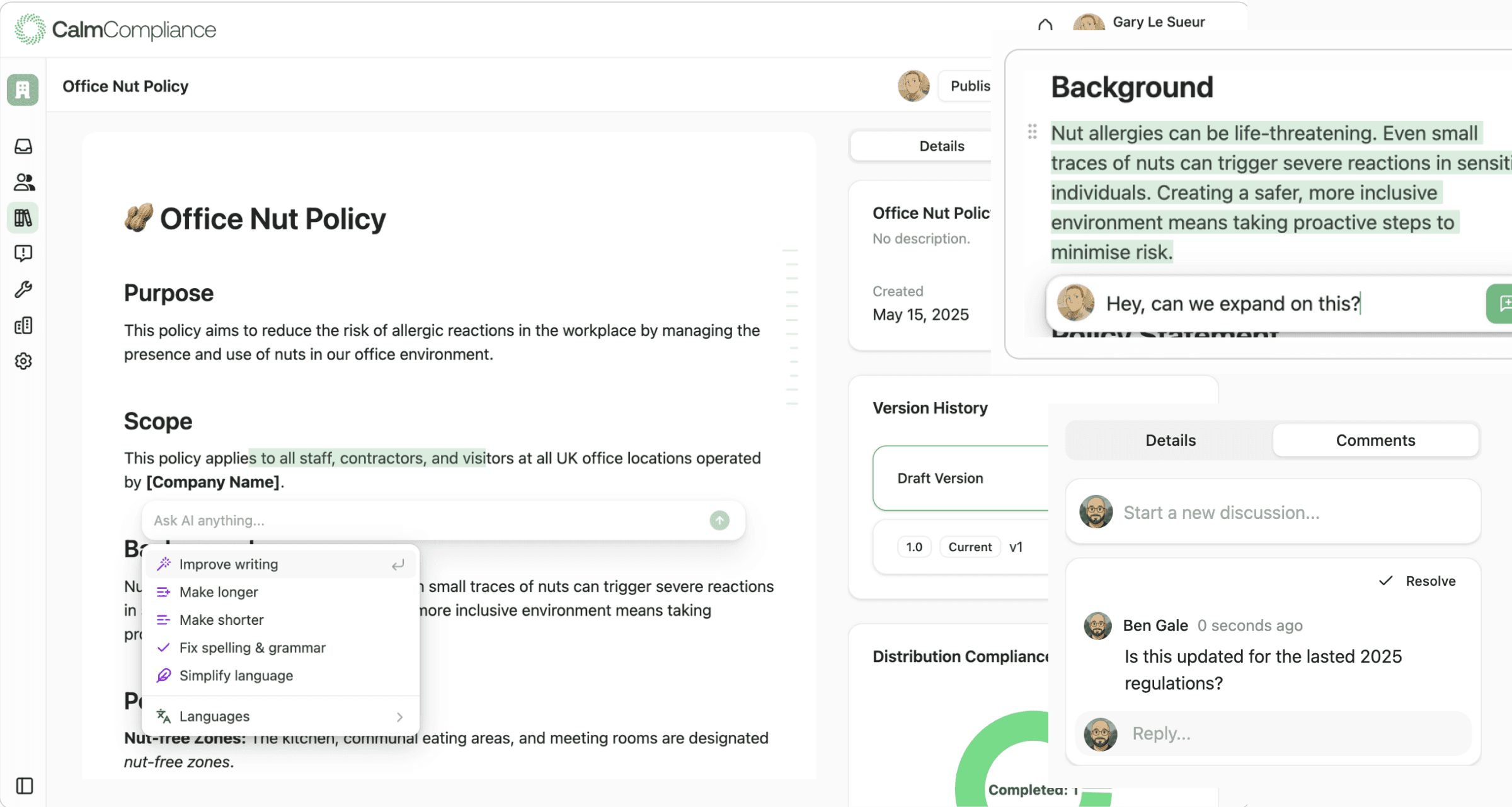 Policy management system showing document control and compliance features