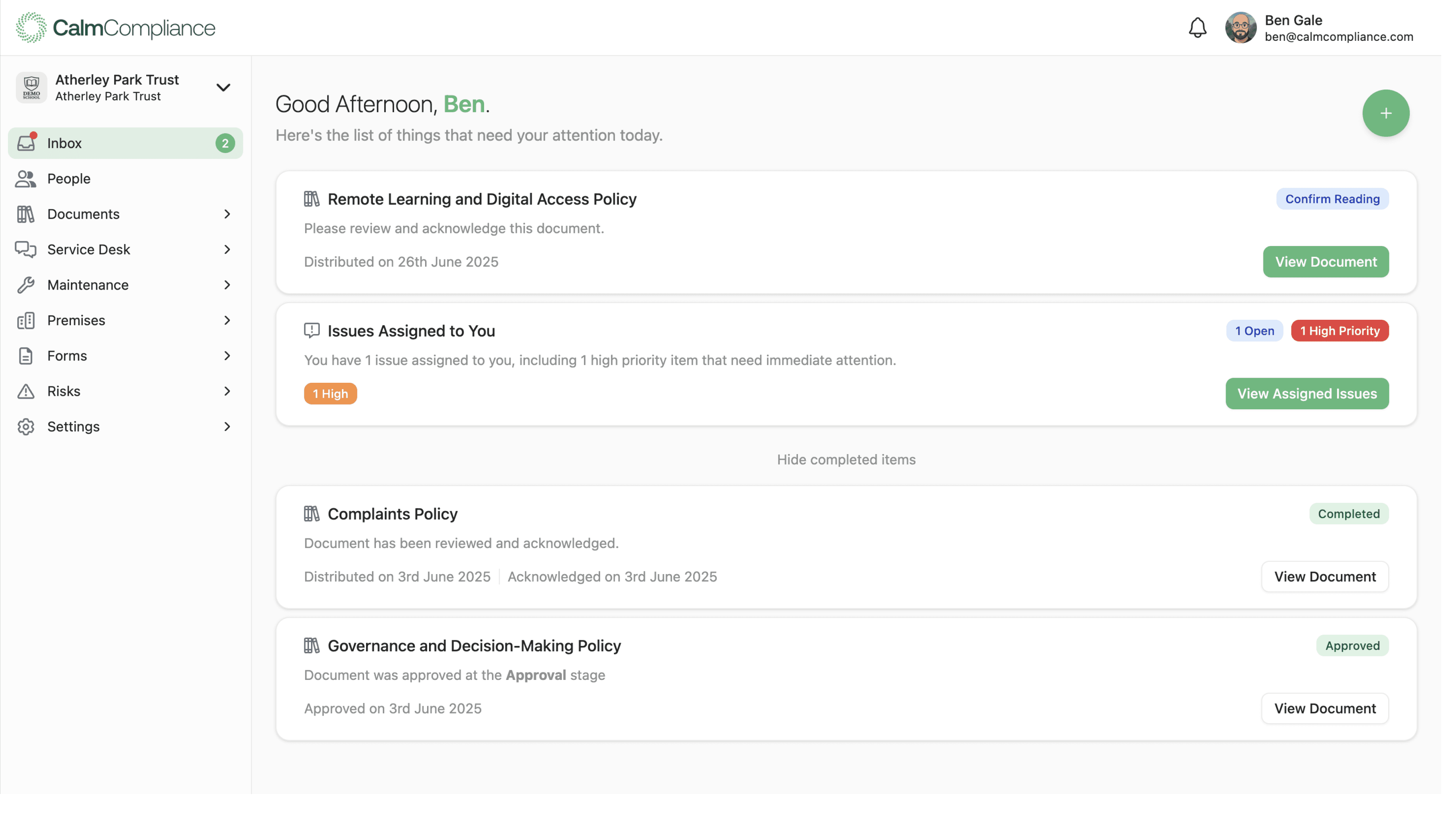 CalmCompliance multi-site dashboard showing live compliance overview